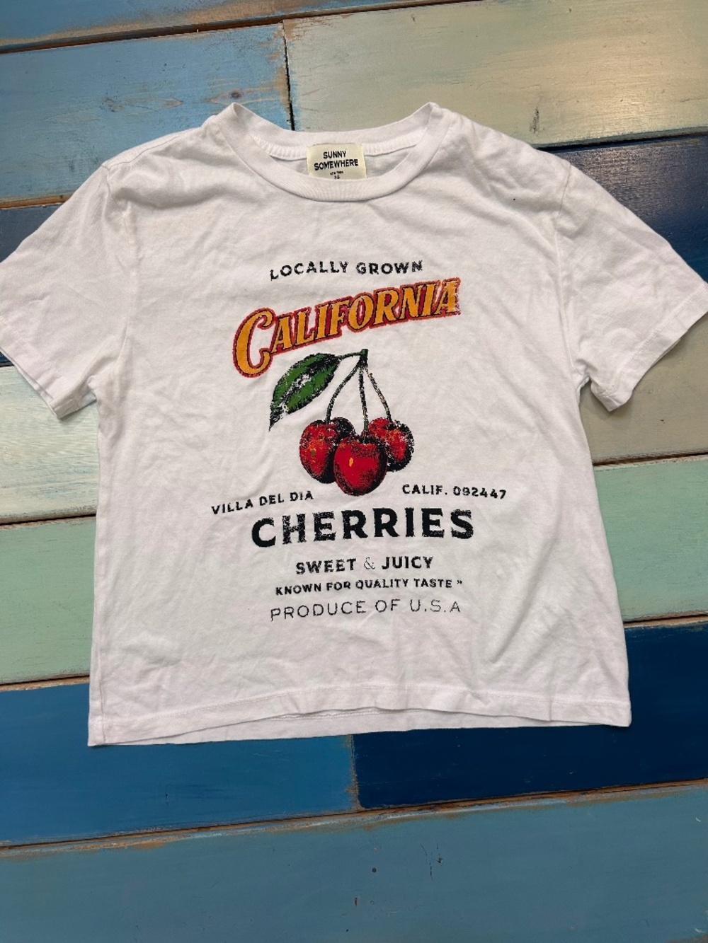 Sunny Somewhere California Cherries Graphic Tee Women’s XS White Crop T-Shirt